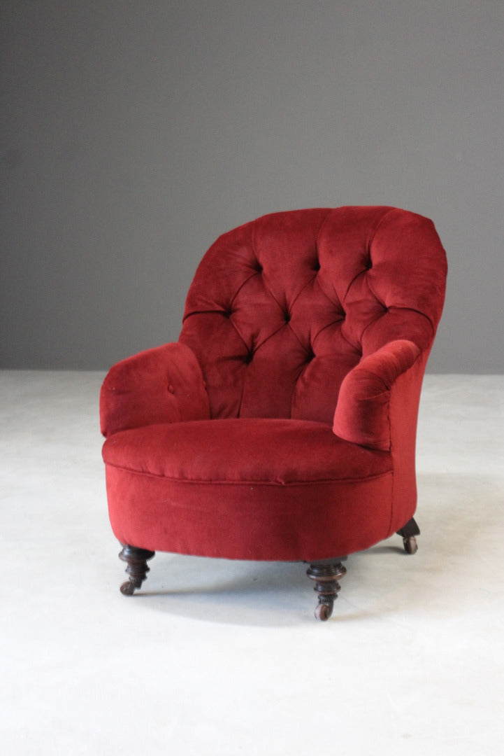 Antique Small Red Button Back Armchair - Kernow Furniture