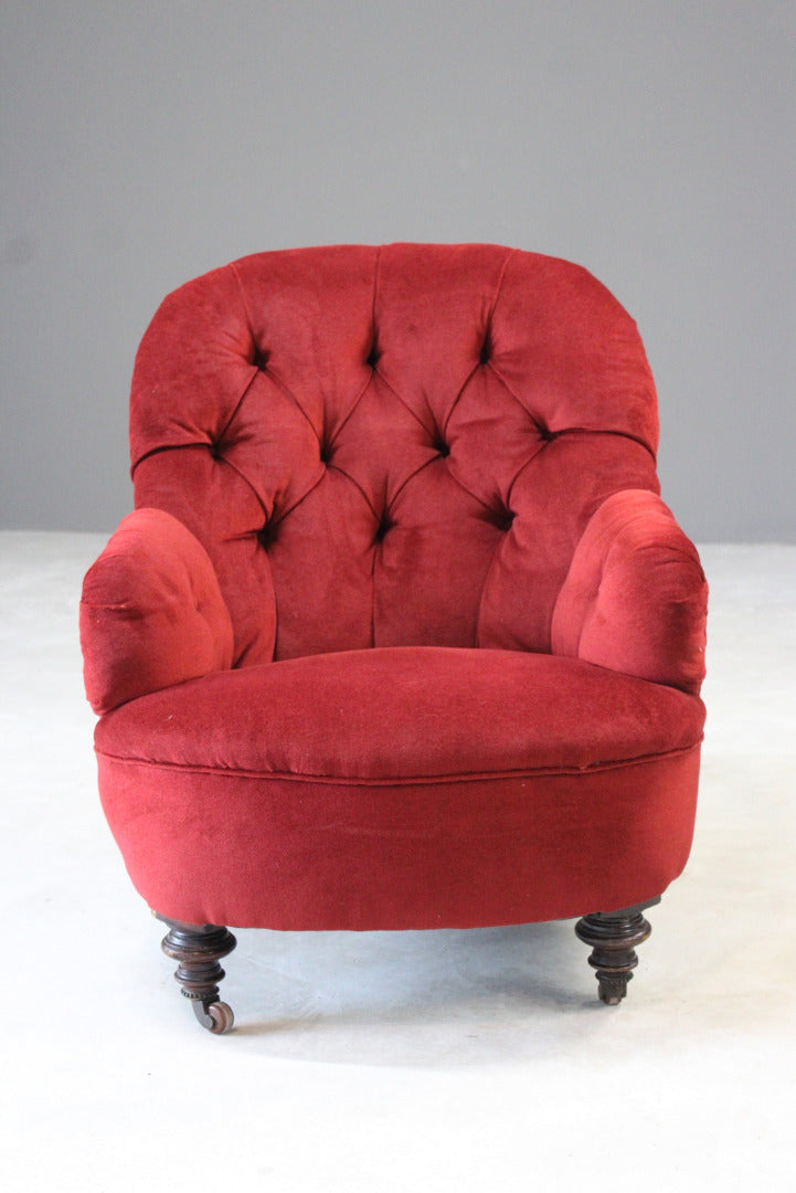 Antique Small Red Button Back Armchair - Kernow Furniture