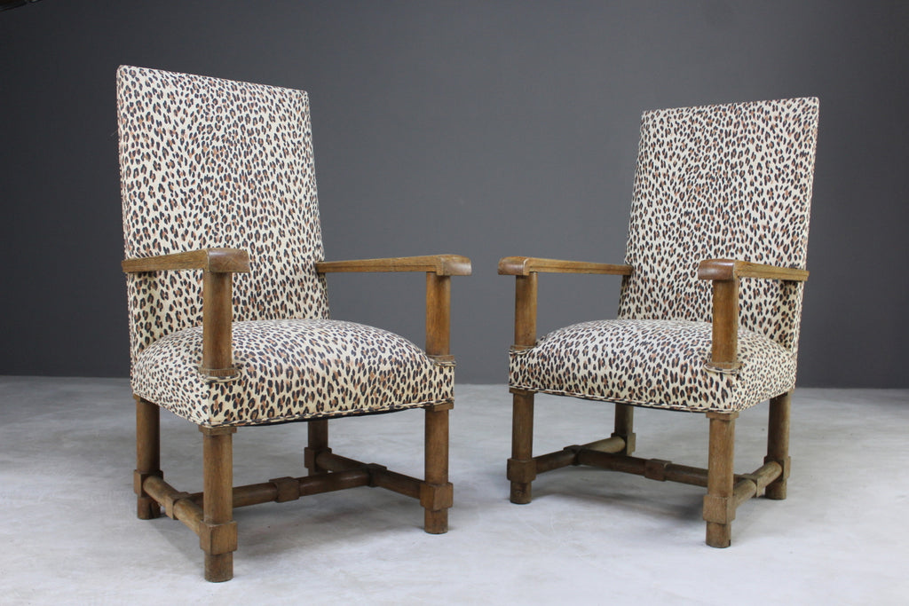 Set 6 Arts & Crafts Oak Upholstered Dining Chairs - Kernow Furniture