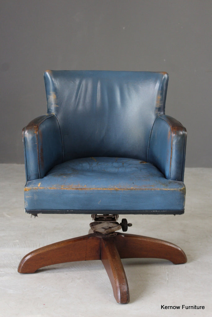 Early 20th Century Blue Leather Office Swivel Chair - Kernow Furniture