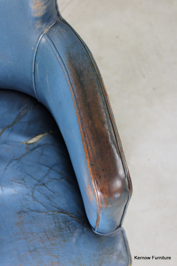 Early 20th Century Blue Leather Office Swivel Chair - Kernow Furniture