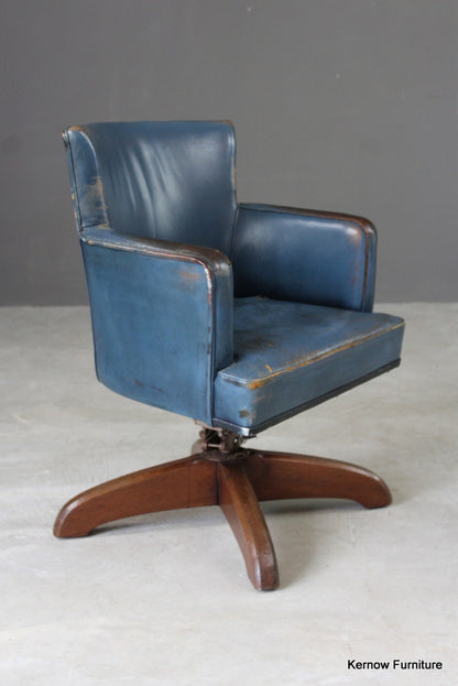 Early 20th Century Blue Leather Office Swivel Chair - Kernow Furniture