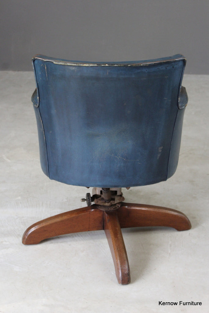 Early 20th Century Blue Leather Office Swivel Chair - Kernow Furniture