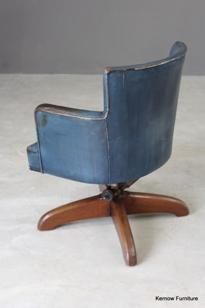 Early 20th Century Blue Leather Office Swivel Chair - Kernow Furniture