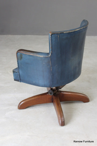 Early 20th Century Blue Leather Office Swivel Chair - Kernow Furniture