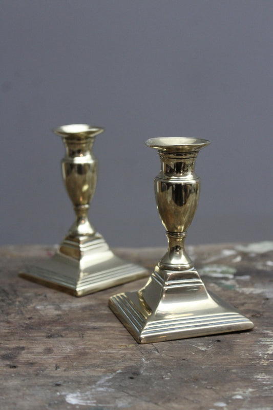 19th Century Short Brass Candlesticks - Kernow Furniture
