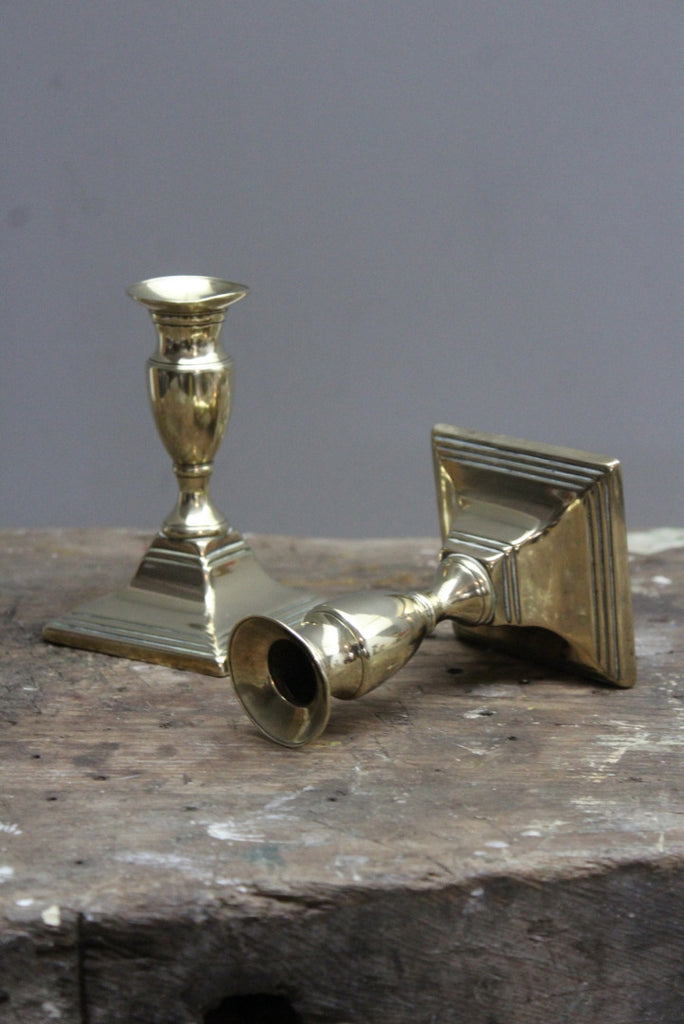 19th Century Short Brass Candlesticks - Kernow Furniture