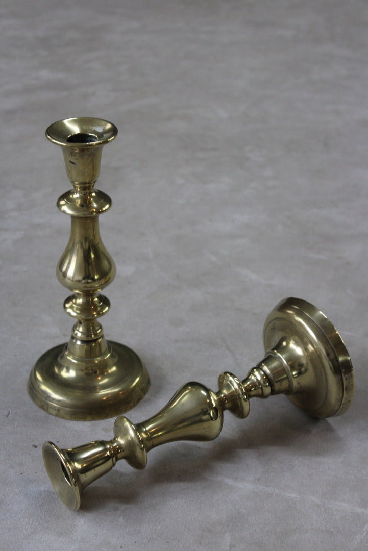 Pair Antique Brass Candlesticks - Kernow Furniture