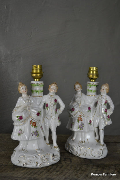 Pair Vintage Porcelain Figurine Table Lamps - Kernow Furniture