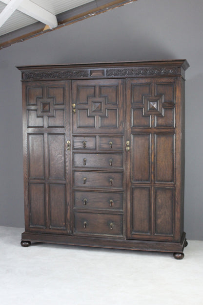 Large 1920s Dark Oak Triple Wardrobe - Kernow Furniture