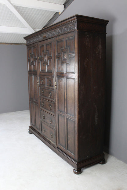 Large 1920s Dark Oak Triple Wardrobe - Kernow Furniture