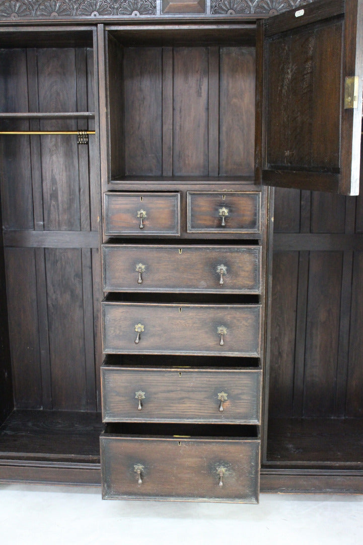 Large 1920s Dark Oak Triple Wardrobe - Kernow Furniture