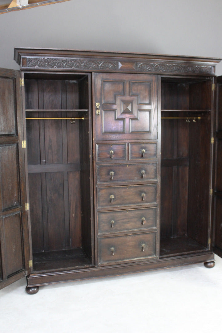 Large 1920s Dark Oak Triple Wardrobe - Kernow Furniture