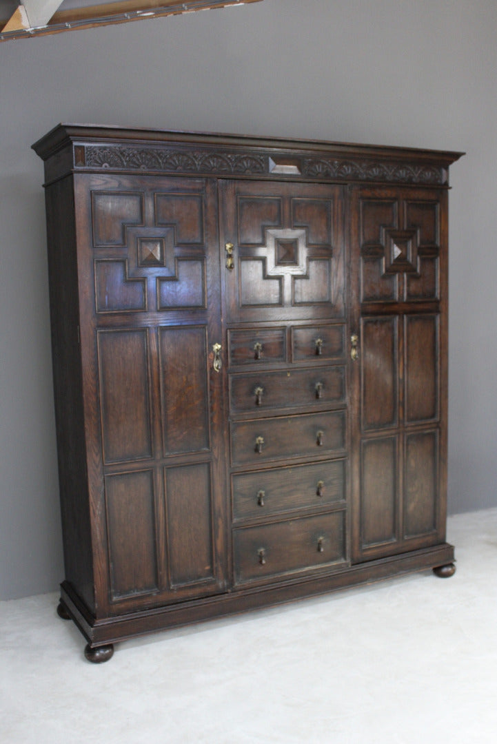 Large 1920s Dark Oak Triple Wardrobe - Kernow Furniture