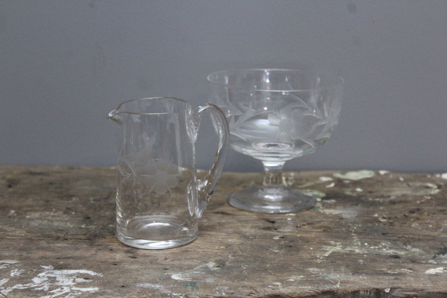 Vintage Etched Glass Jug & Stemmed Bowl - Kernow Furniture