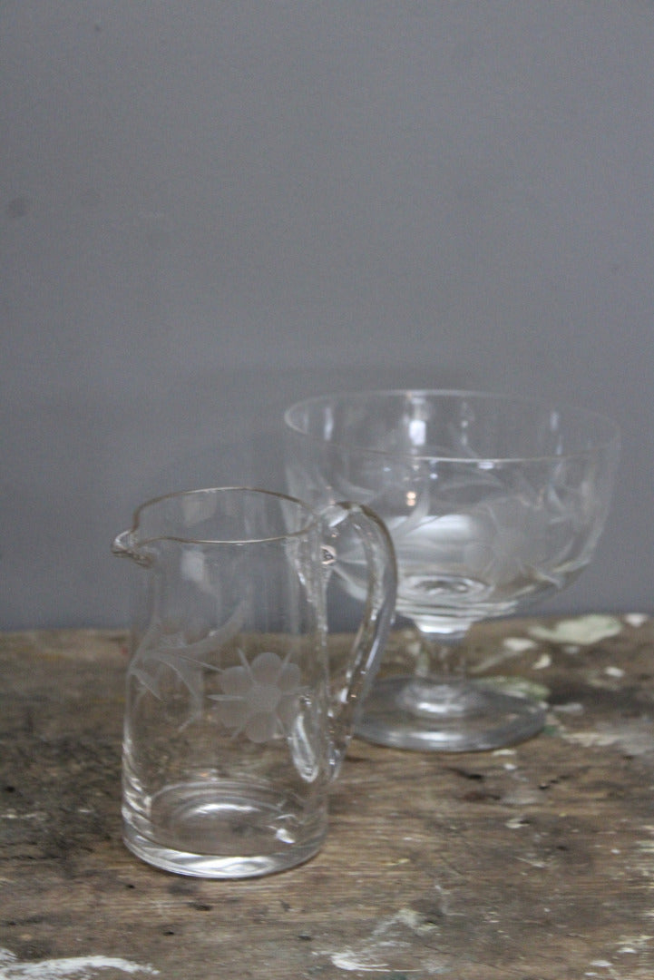 Vintage Etched Glass Jug & Stemmed Bowl - Kernow Furniture