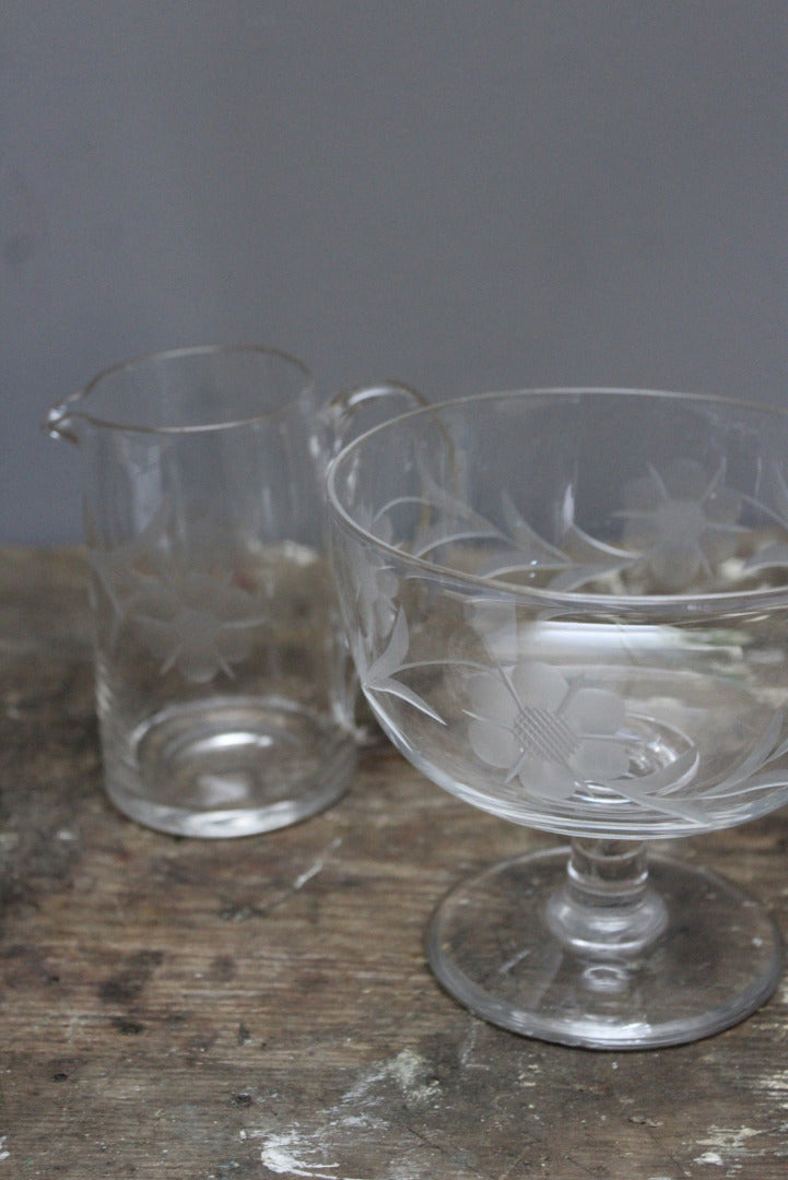 Vintage Etched Glass Jug & Stemmed Bowl - Kernow Furniture