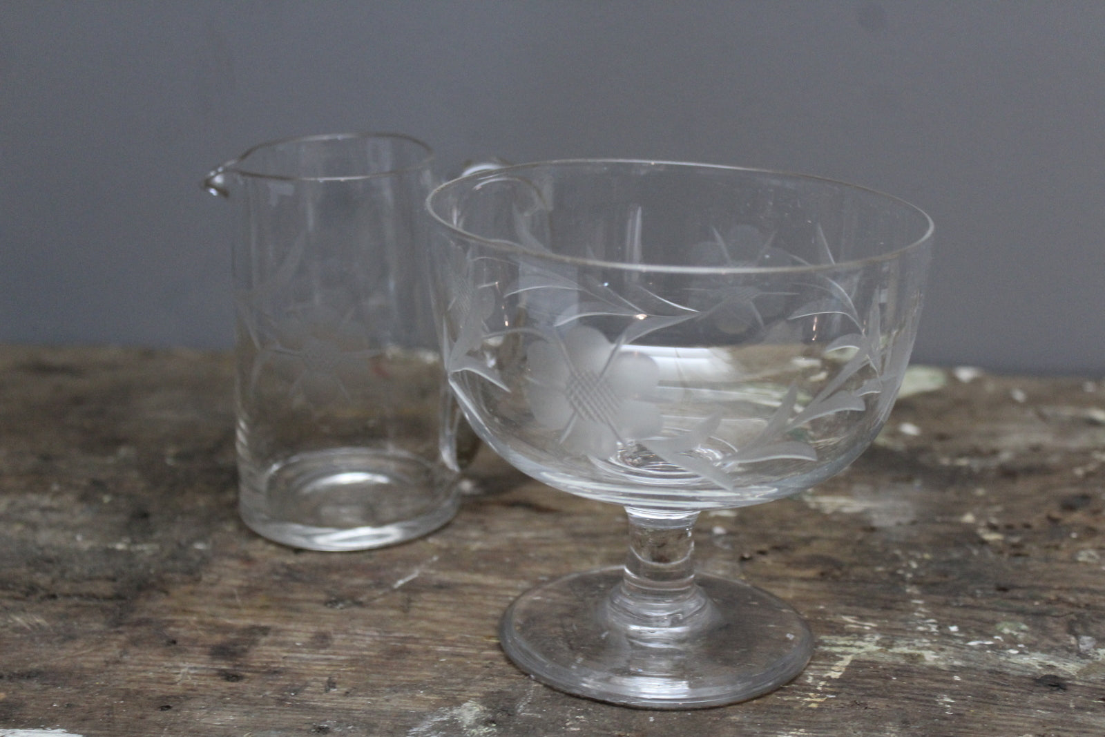 Vintage Etched Glass Jug & Stemmed Bowl - Kernow Furniture