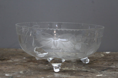 Vintage Etched Glass Rose Bowl - Kernow Furniture