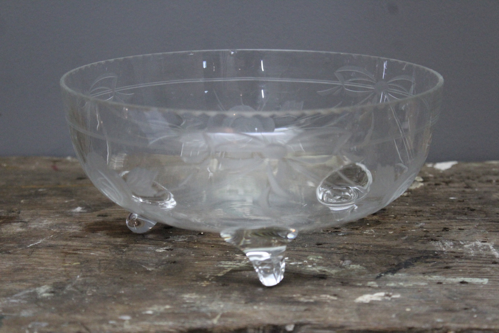 Vintage Etched Glass Rose Bowl - Kernow Furniture