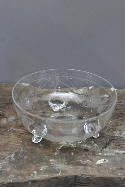 Vintage Etched Glass Rose Bowl - Kernow Furniture