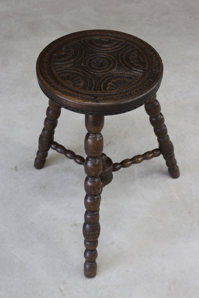 Antique Carved Oak Bobbin Turned Stool - Kernow Furniture