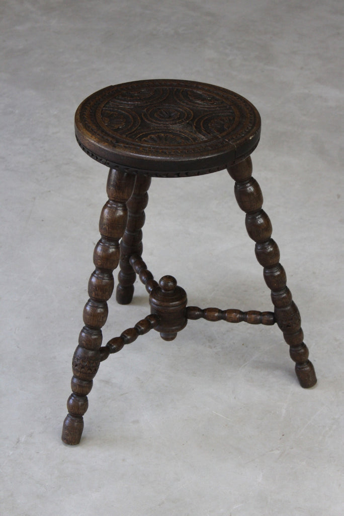Antique Carved Oak Bobbin Turned Stool - Kernow Furniture