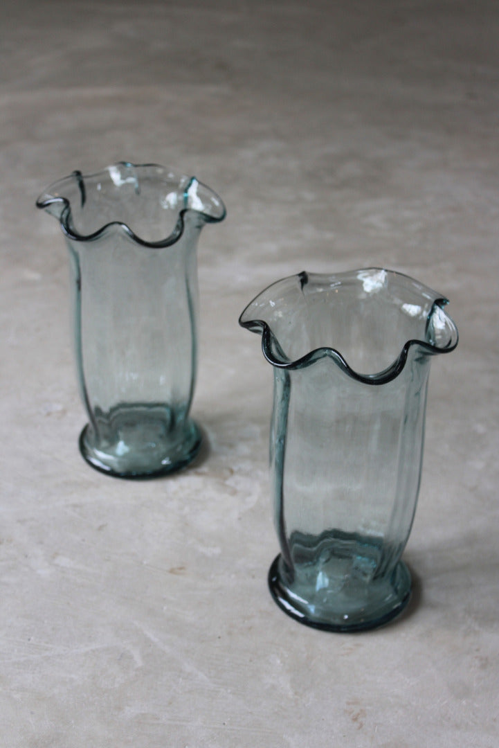 Pair Vintage Frilly Glass Vase - Kernow Furniture