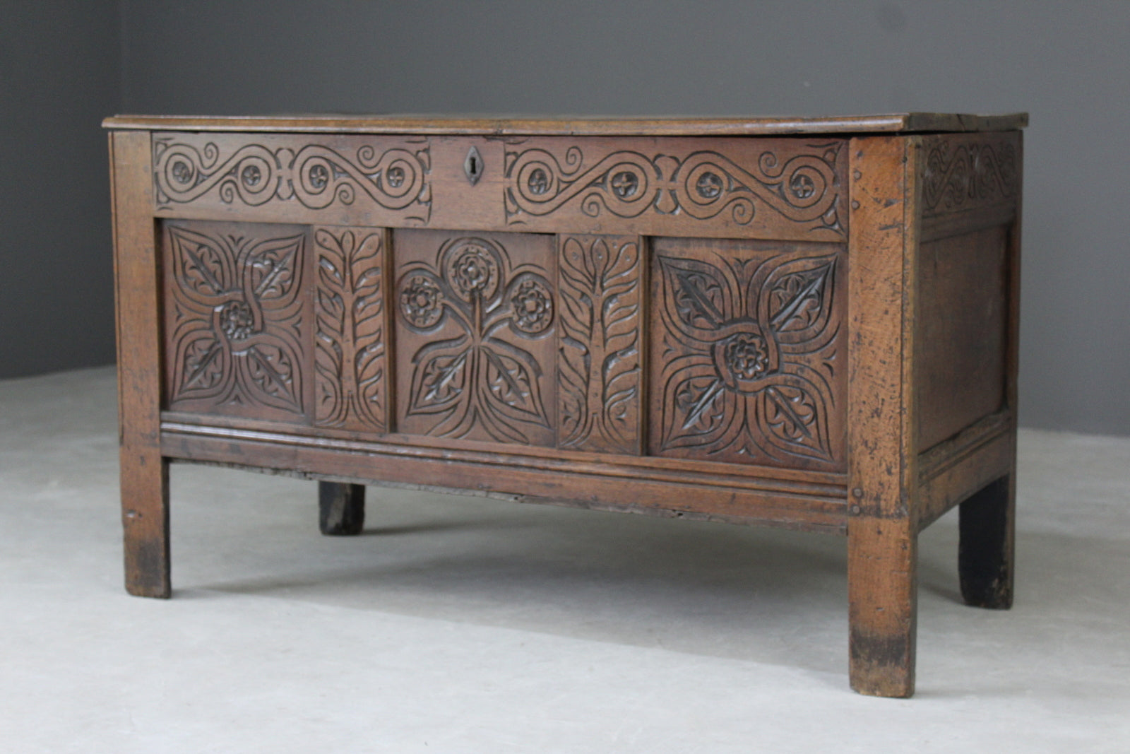 Antique Oak Carved Coffer - Kernow Furniture