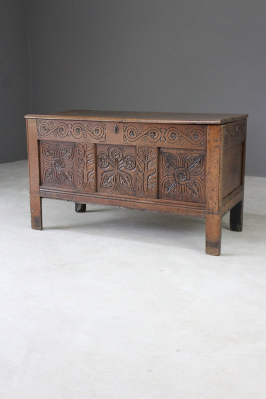 Antique Oak Carved Coffer - Kernow Furniture