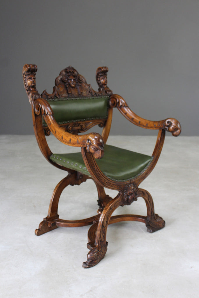 Renaissance Style Carved Walnut Savonarola Chair - Kernow Furniture
