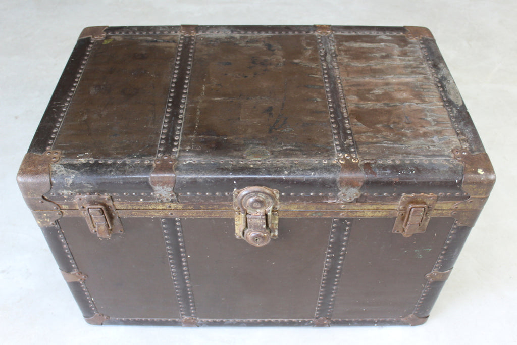 Large Everwear Antique Brown Leather Square Travel Trunk - Kernow Furniture