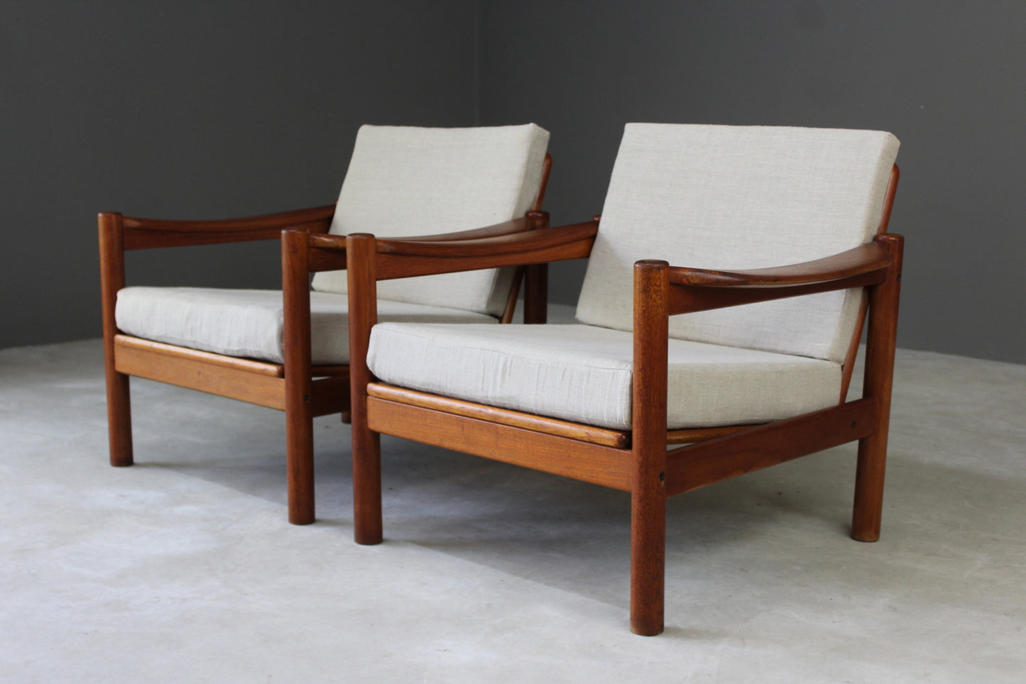 Pair Retro Teak Easy Armchairs - Kernow Furniture