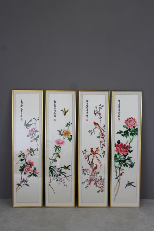 Four Oriental Embroidered Silk Panels - Kernow Furniture