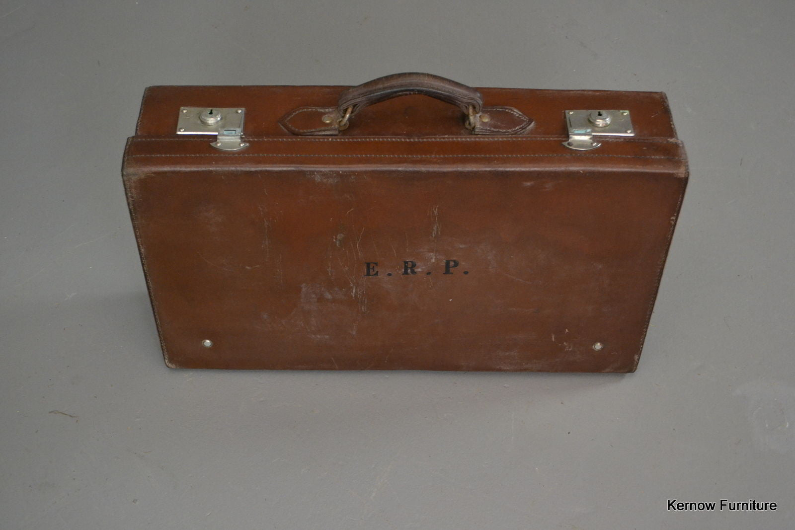 Antique Brown Leather Suitcase & Cover - Kernow Furniture