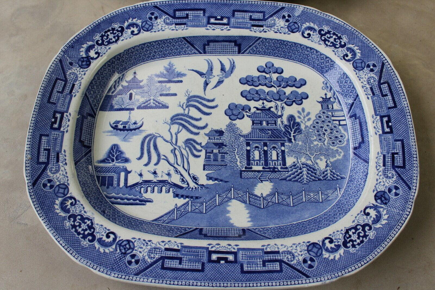 Pair Blue & White Willow Pattern Plates Platters - Kernow Furniture