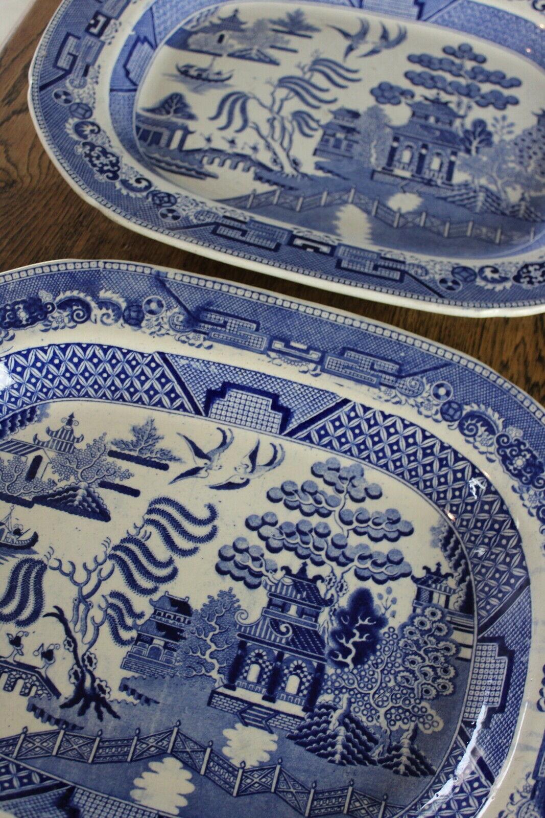 Pair Blue & White Willow Pattern Plates Platters - Kernow Furniture