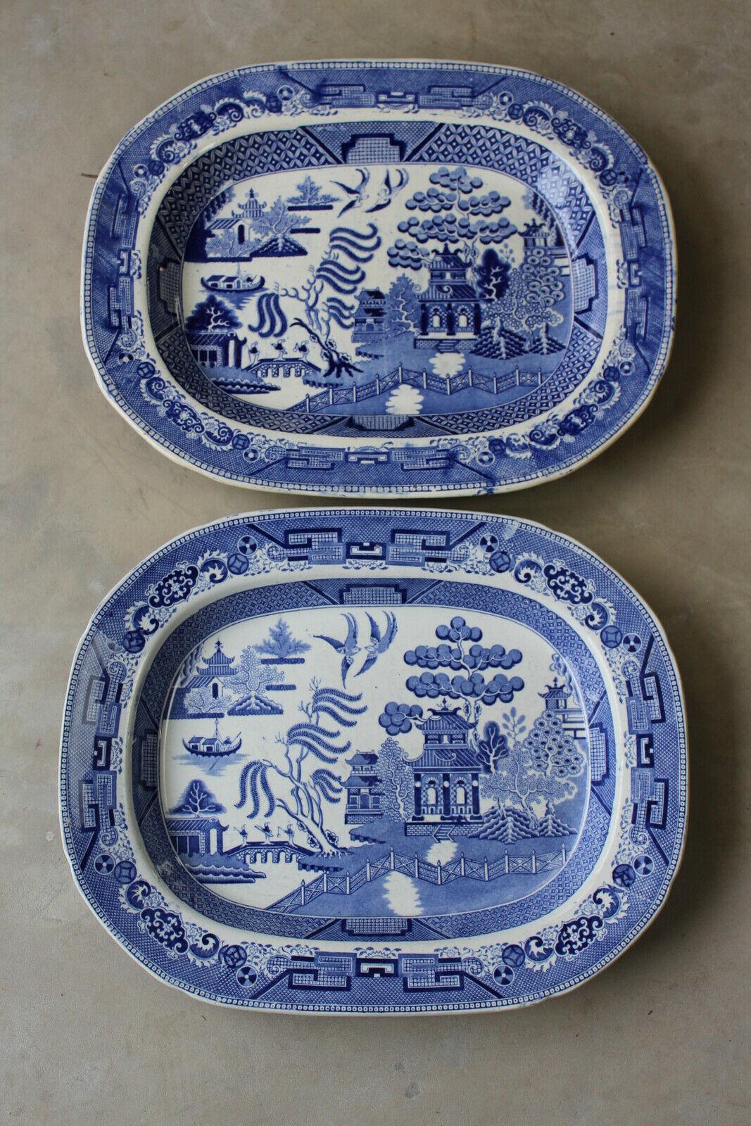 Pair Blue & White Willow Pattern Plates Platters - Kernow Furniture