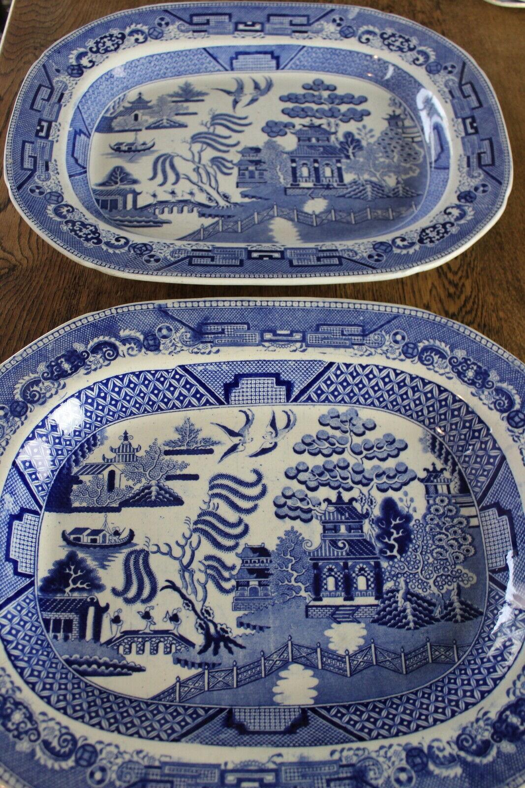 Pair Blue & White Willow Pattern Plates Platters - Kernow Furniture