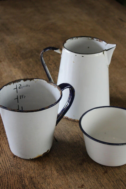 Vintage White Enamel Jugs & Bowl - Kernow Furniture