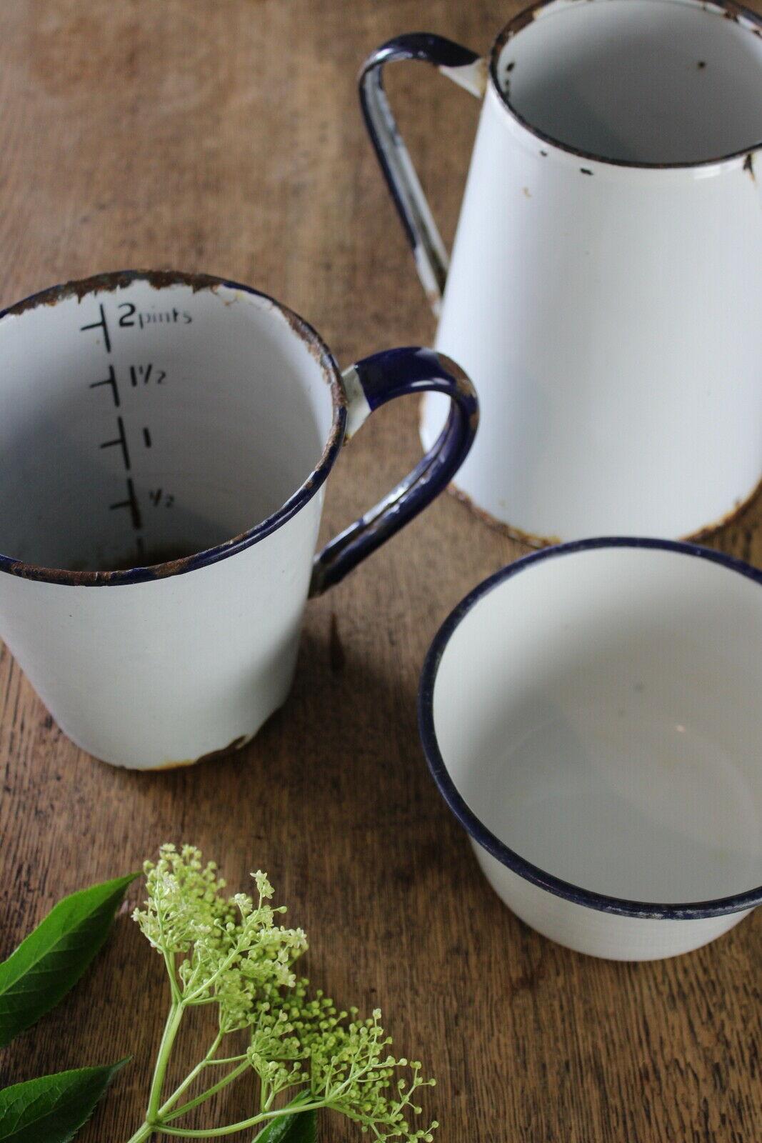 Vintage White Enamel Jugs & Bowl - Kernow Furniture