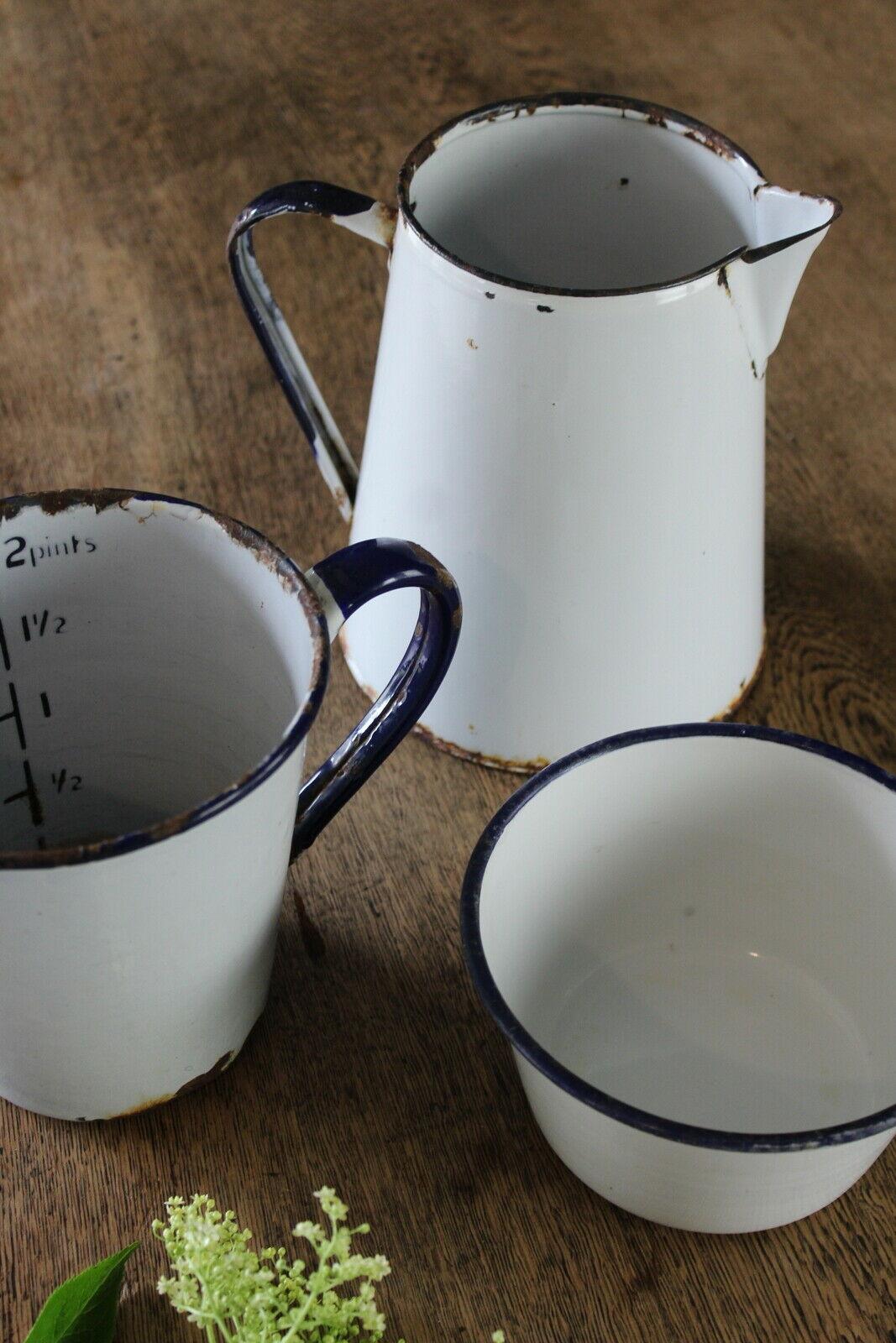 Vintage White Enamel Jugs & Bowl - Kernow Furniture