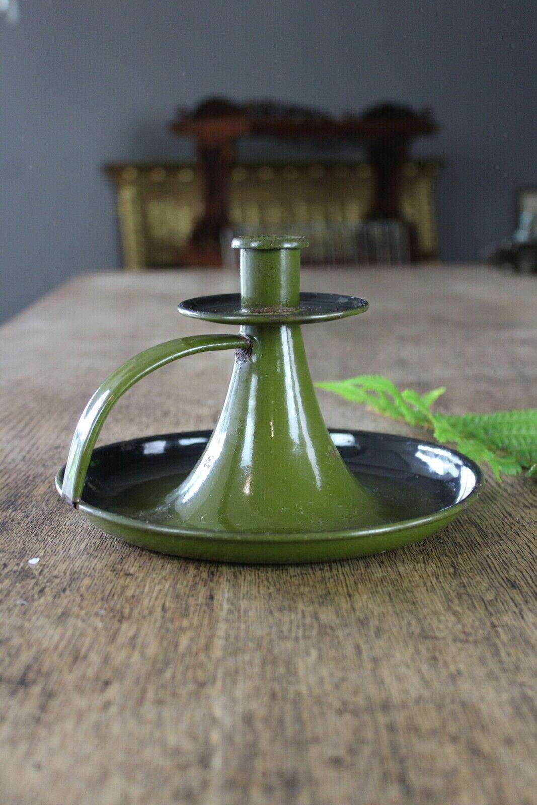 Vintage Green Enamel Candle Holder Chamber Stick - Kernow Furniture