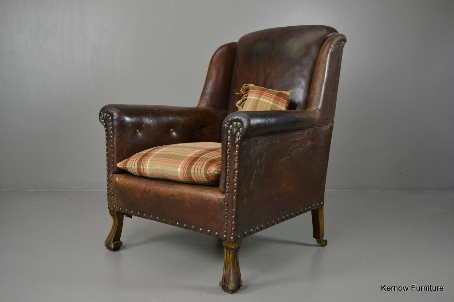 Antique Brown Leather Armchair - Kernow Furniture