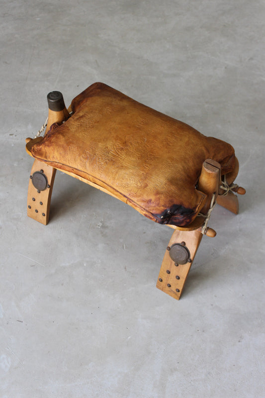 Vintage Leather Camel Stool - Kernow Furniture
