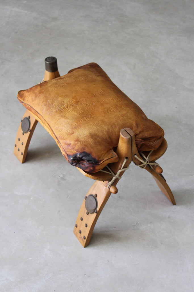 Vintage Leather Camel Stool - Kernow Furniture