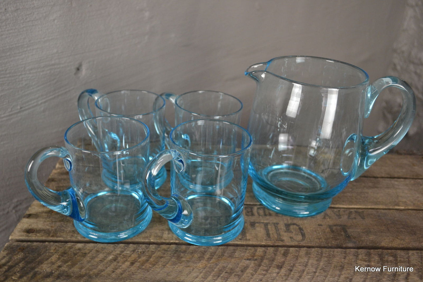 4 Blue Glass Mugs & Jug - Kernow Furniture