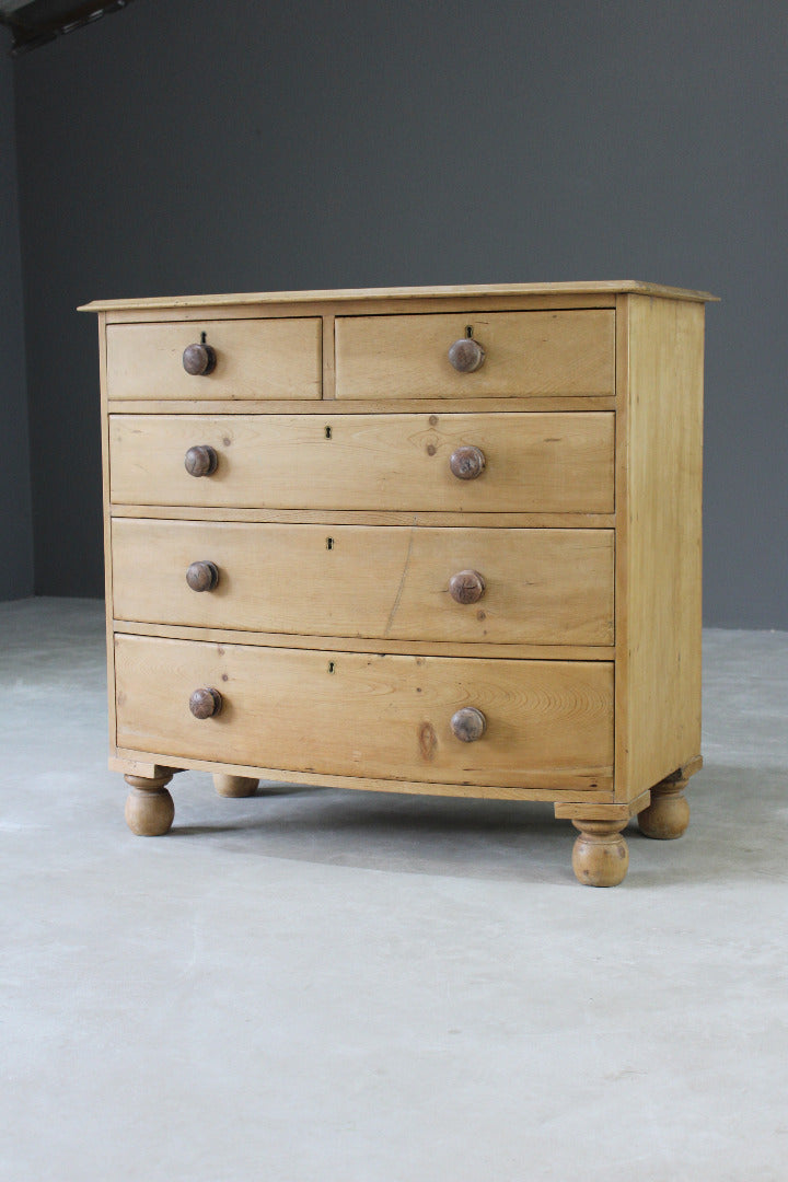 Antique Pine Bow Front Chest of Drawers - Kernow Furniture