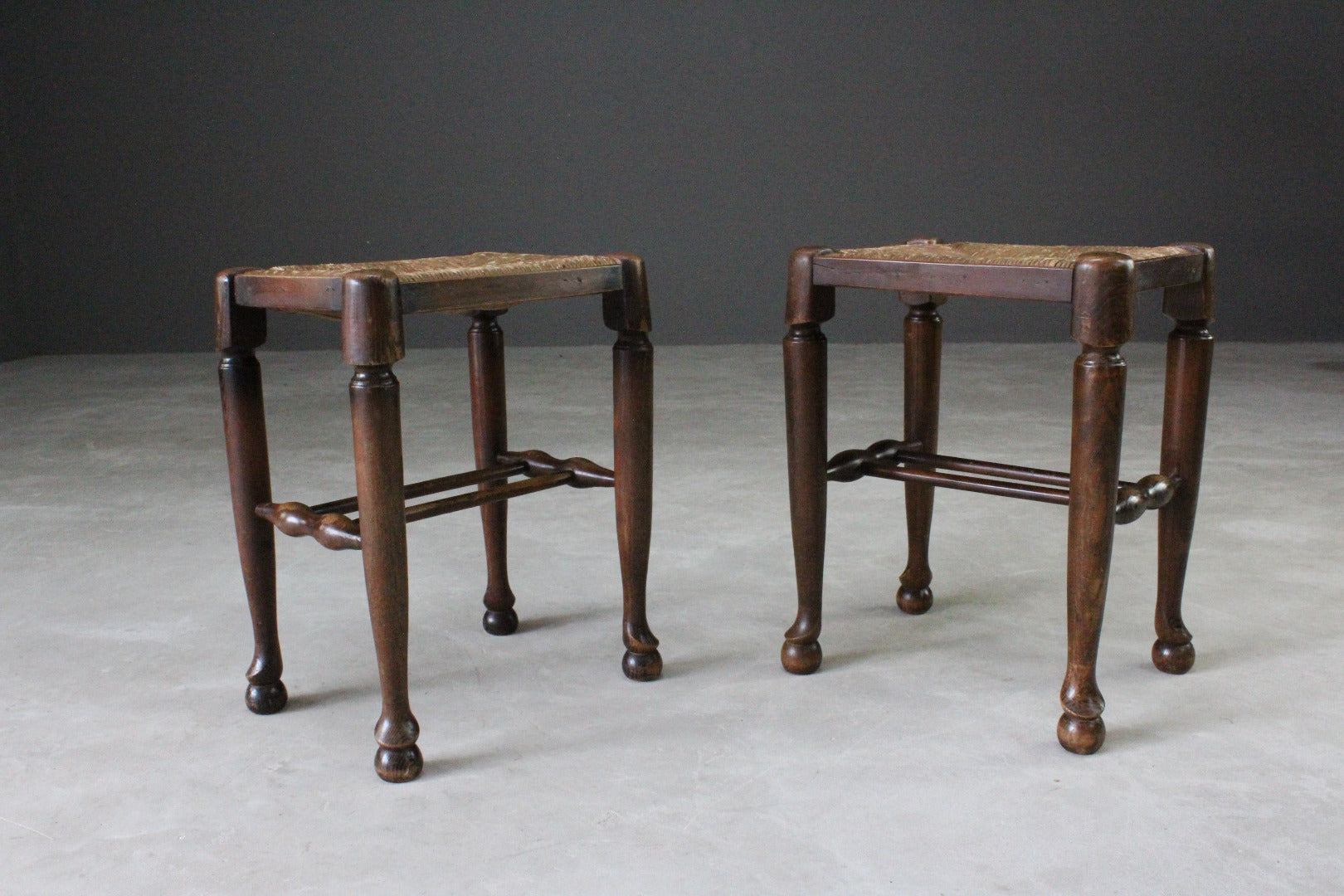 Pair Country Style Rush Seat Stools - Kernow Furniture