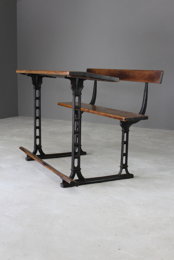 Antique Oak & Cast Iron School Desk - Kernow Furniture